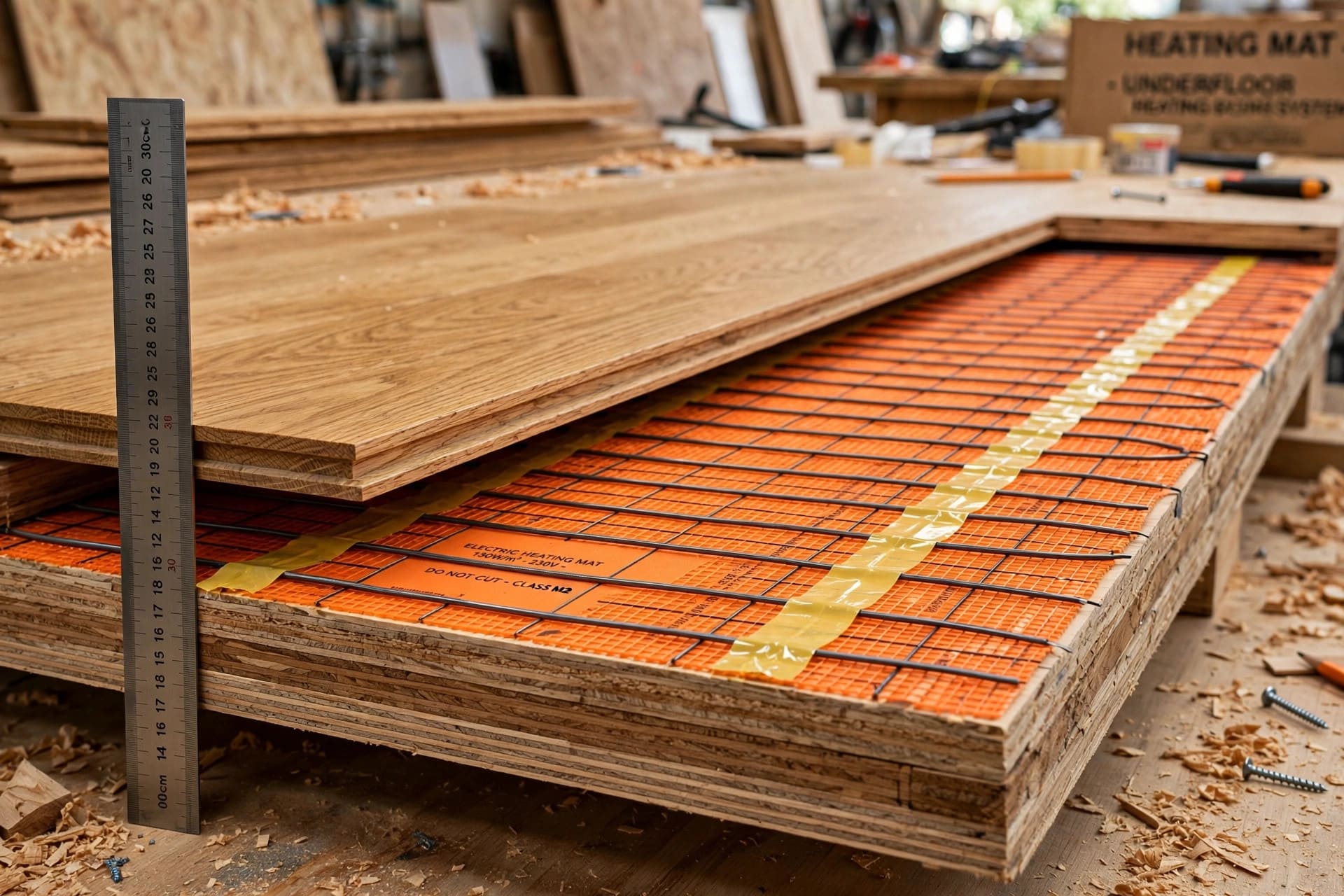 radiant floor heating power analyzer: floor layers with an electric heating mat over the subfloor