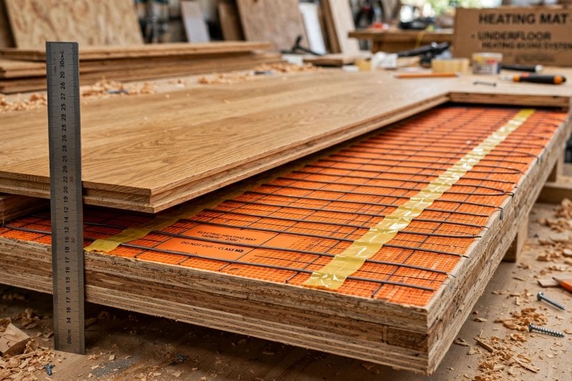 radiant floor heating power analyzer: floor layers with an electric heating mat over the subfloor