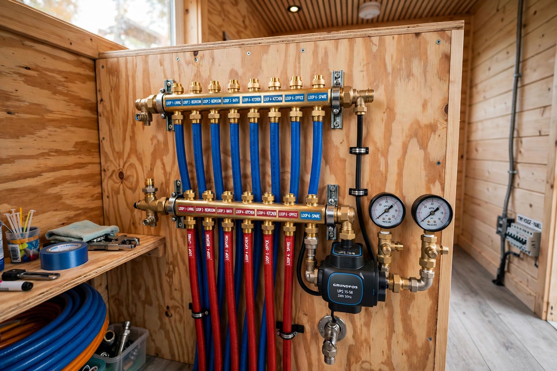 radiant floor heating power analyzer: hydronic manifold with red and blue PEX lines