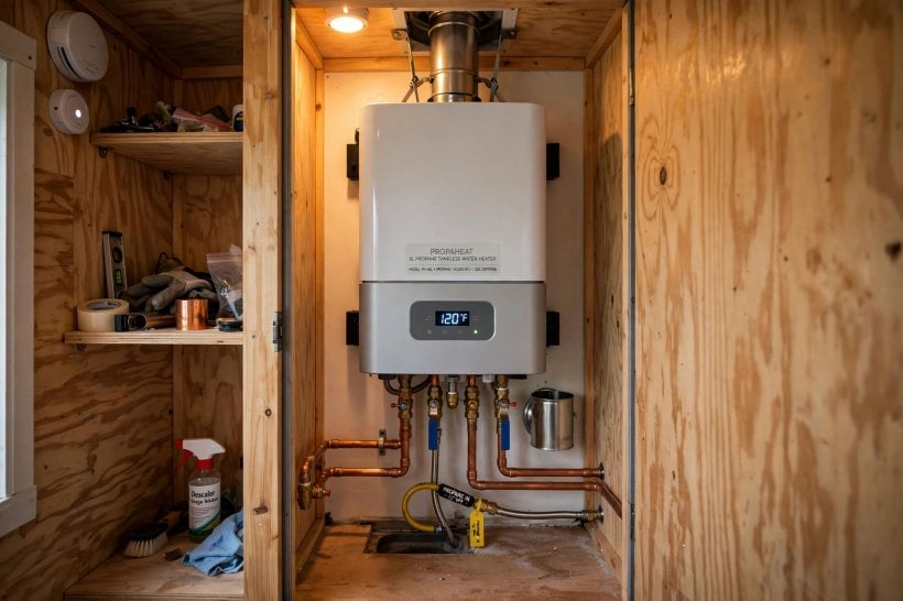 radiant floor heating power analyzer: compact propane boiler in a utility closet