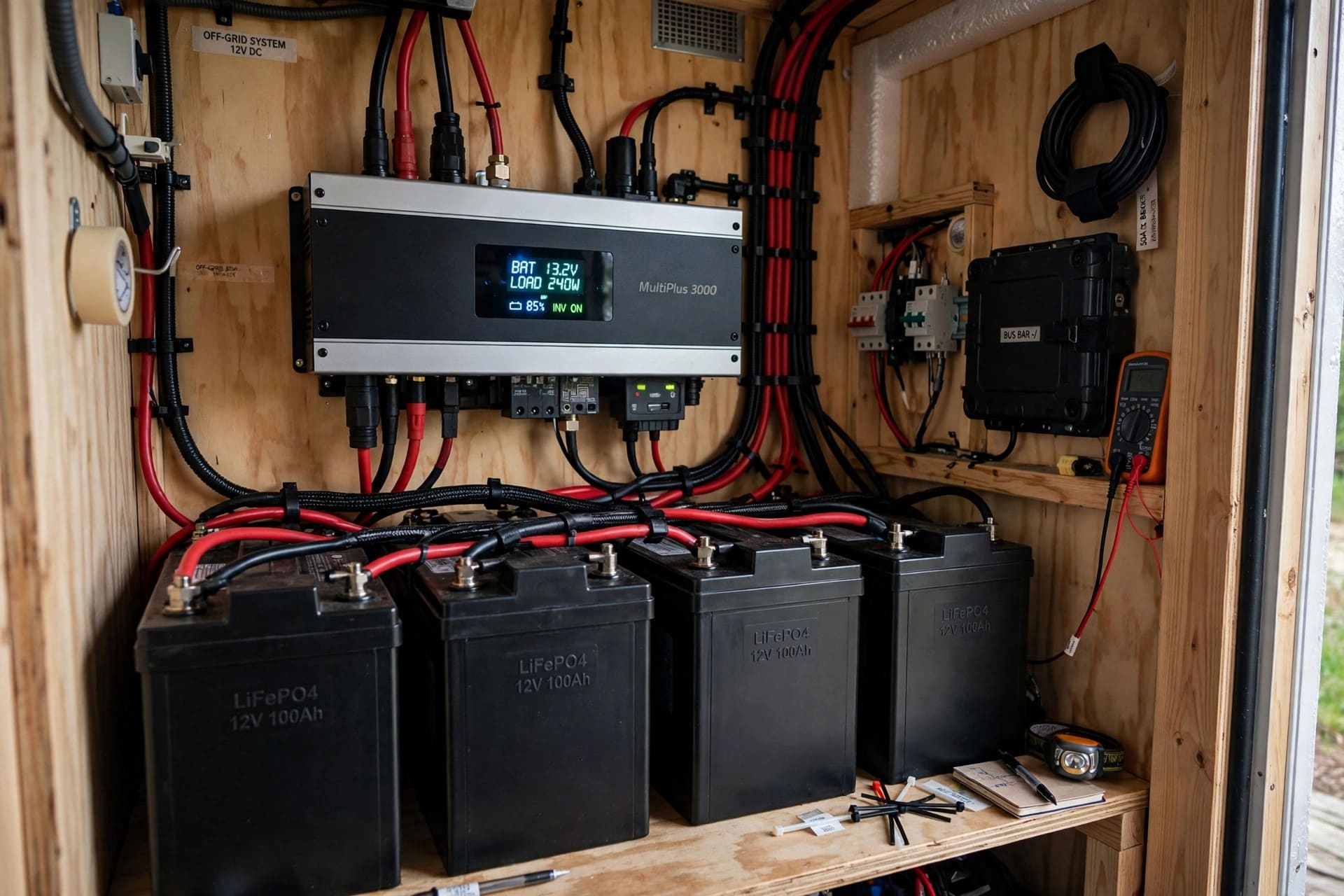 radiant floor heating power analyzer: lithium battery bank and inverter