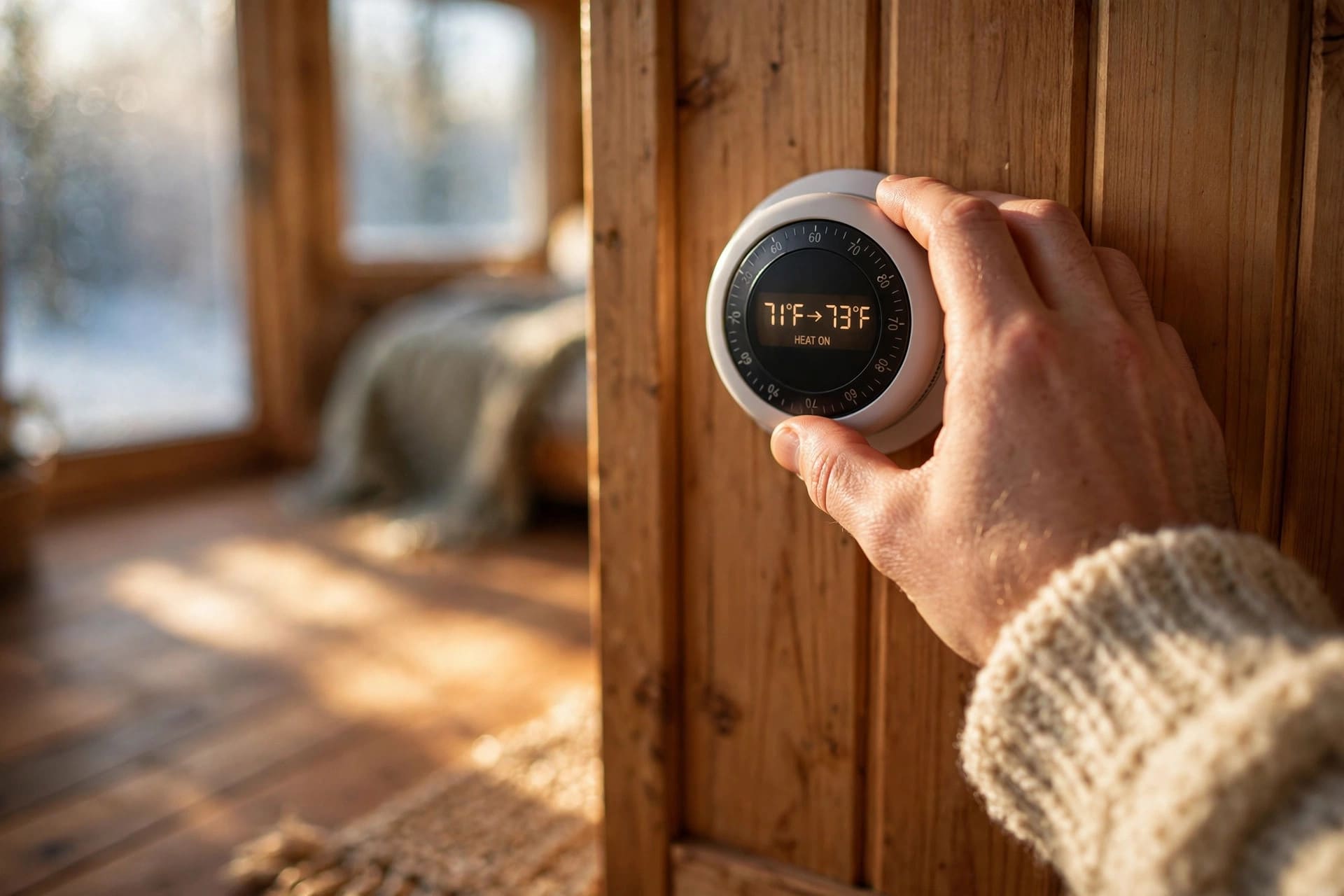 radiant floor heating power analyzer: hand turning a wall thermostat