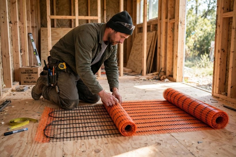 radiant floor heating power analyzer: unrolling an electric heating mat on a subfloor