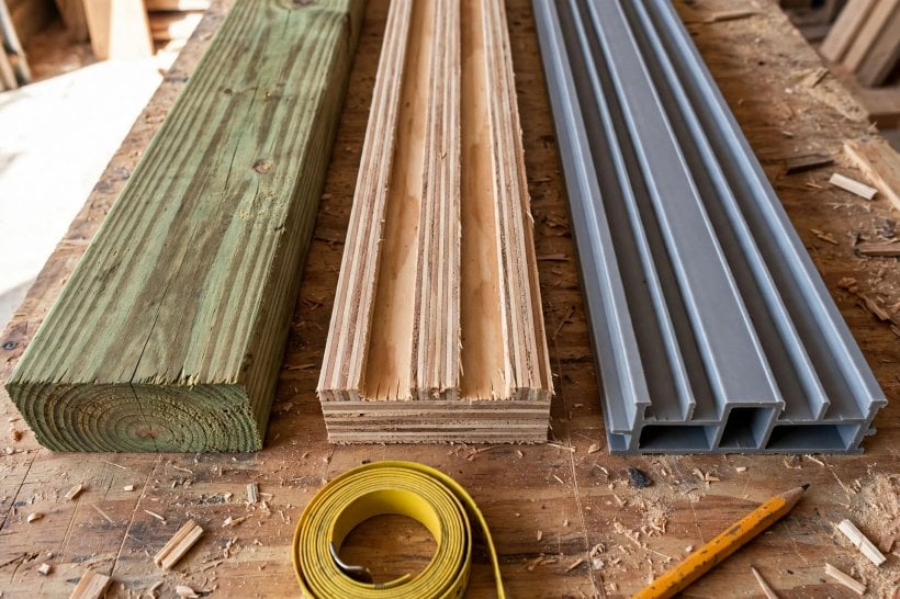rain screen installation: pressure-treated lumber, plywood and plastic batten strips compared on a workbench