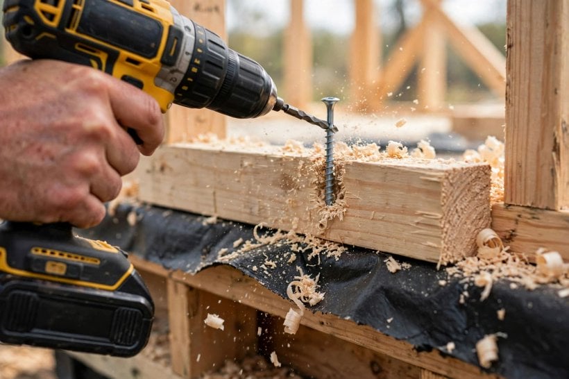rain screen installation: driving a structural screw through a furring strip into a wall stud