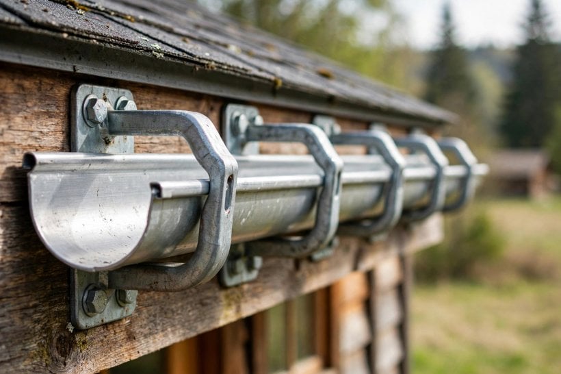 removable gutter systems: heavy-duty cradle brackets mounted in a row on a tiny house fascia board