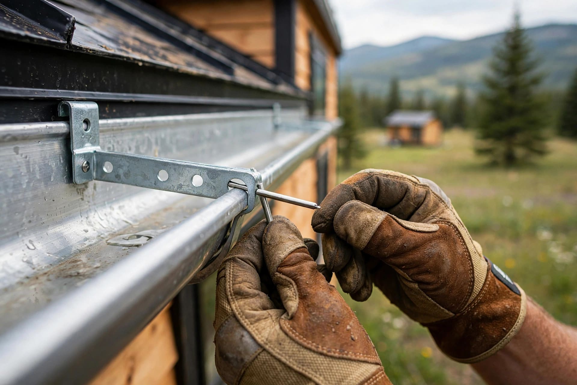 removable gutter systems: a stainless steel cotter pin locking a gutter trough to its bracket