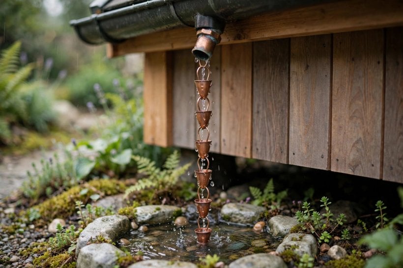 removable gutter systems: a copper rain chain hanging from a gutter drop outlet