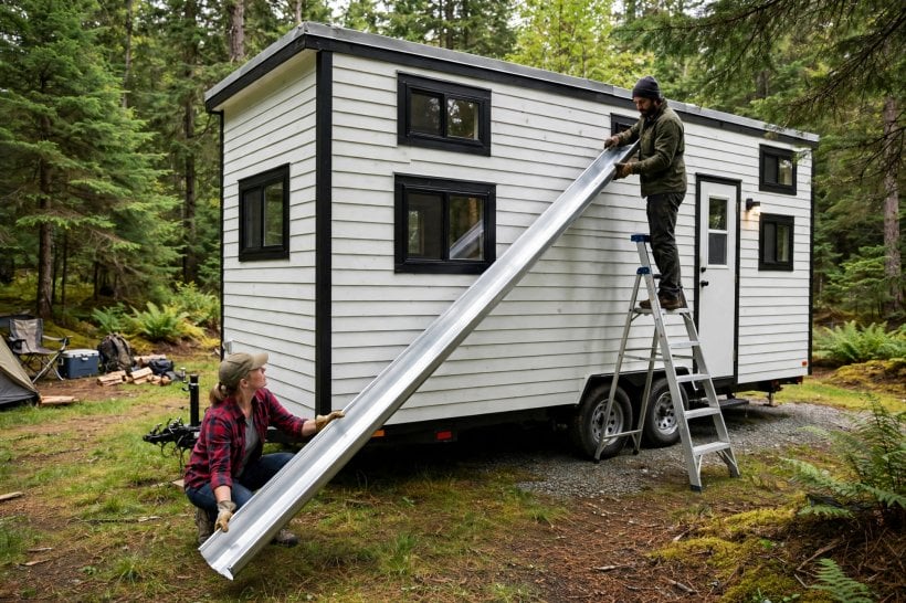 removable gutter systems: two people lowering a long gutter trough from a tiny house roof edge