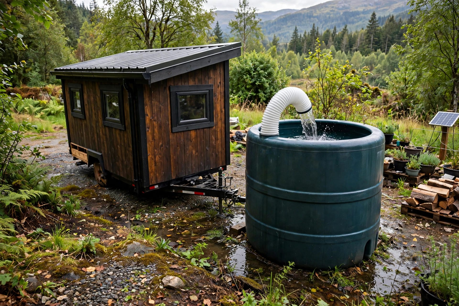 removable gutter systems: a flexible downspout directing rainwater from a gutter outlet into a storage tank