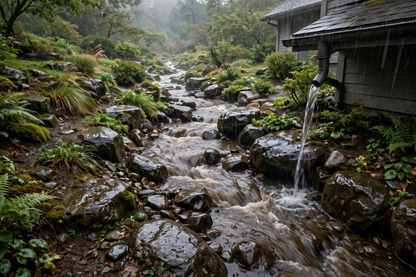 River Rock Dry Creek Bed: storm water running through the rock channel from a roof downspout during heavy rain