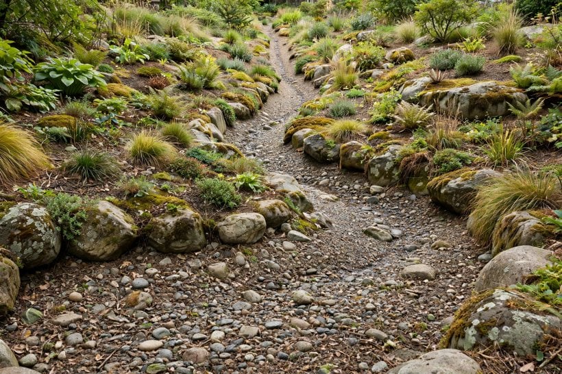 River Rock Dry Creek Bed: the channel widening at a bend and narrowing through a straight along its length