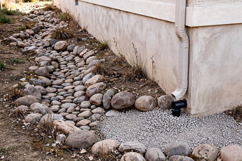 River Rock Dry Creek Bed: a downspout outlet daylighting onto a gravel splash pad at the head of the channel