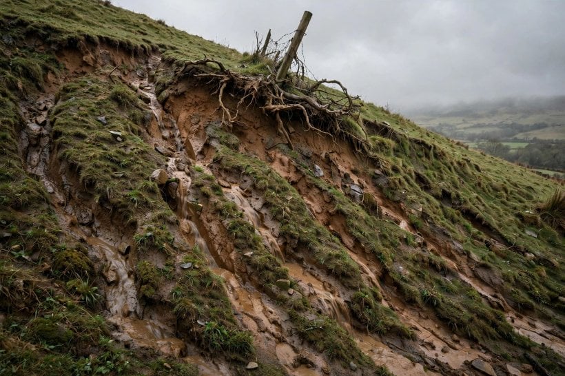 Rock Garden Ideas for Slopes: an eroding hillside with rills and exposed roots before terracing