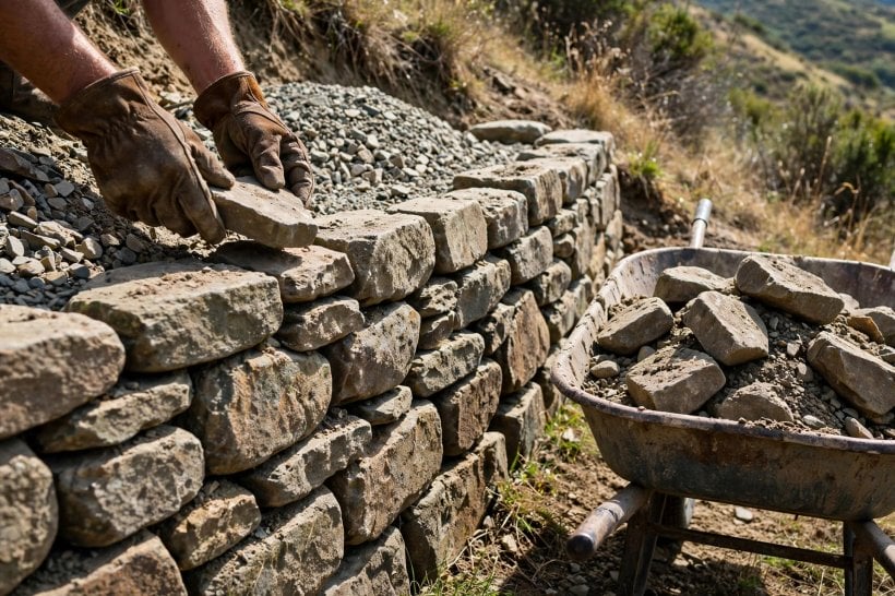 Rock Garden Ideas for Slopes: dry-stacking a terrace wall with gravel backfill behind the stones