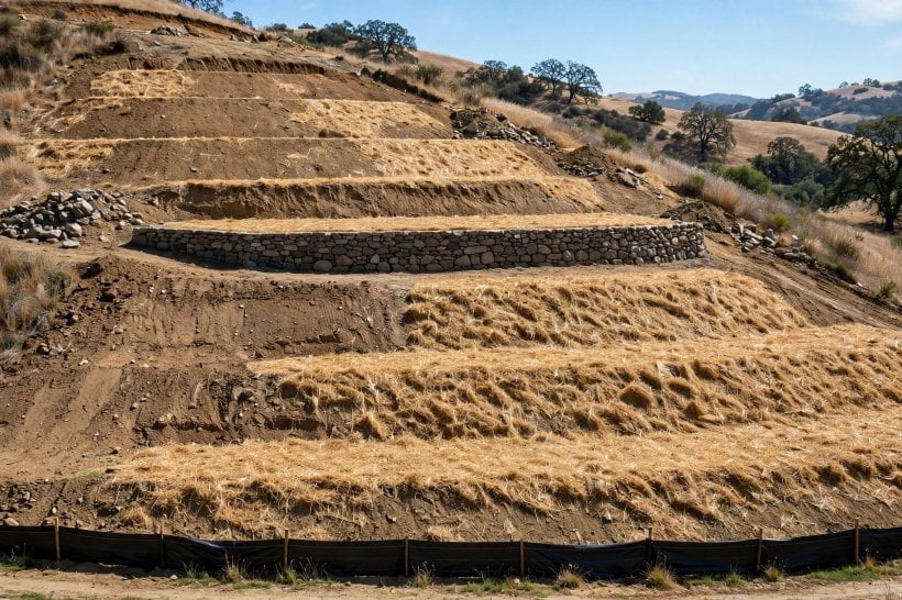 Rock Garden Ideas for Slopes: straw mulch and a silt fence protecting terraces under construction