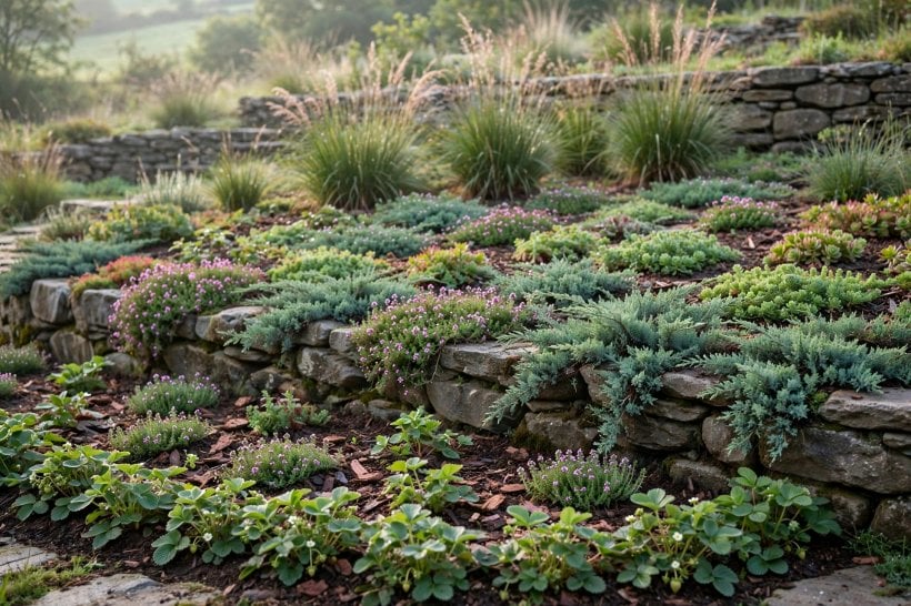 Rock Garden Ideas for Slopes: creeping juniper, thyme and sedum planted densely on a new terrace