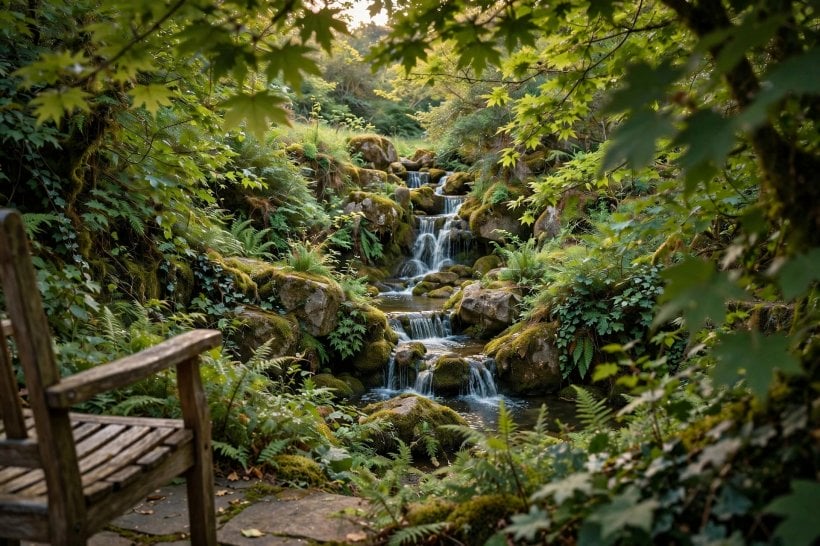 rock garden waterfall: the falls viewed from the patio seat, framed by foliage