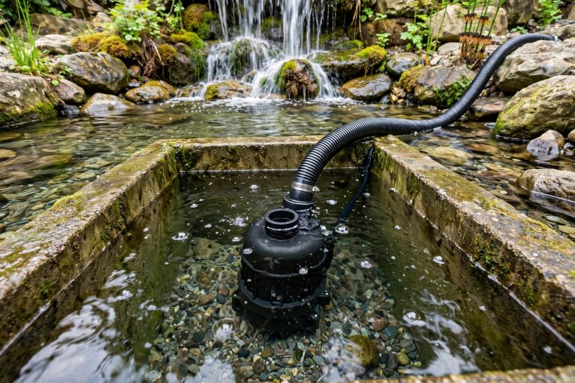 rock garden waterfall: the submersible pump seated in its vault in the reservoir