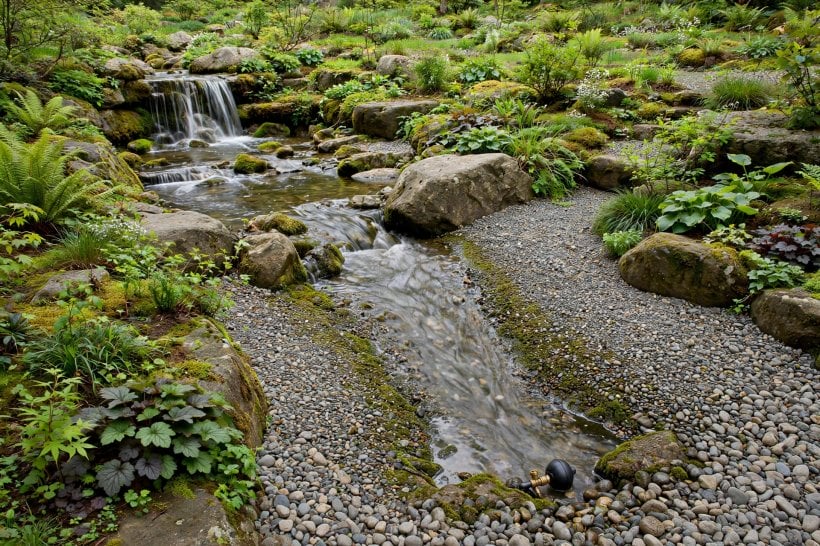 rock garden waterfall: the disappearing stream sinking into its gravel reservoir