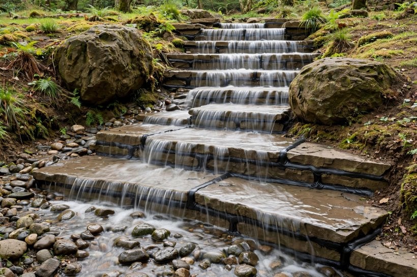 rock garden waterfall: water sheeting over levelled weir stones between buried boulders