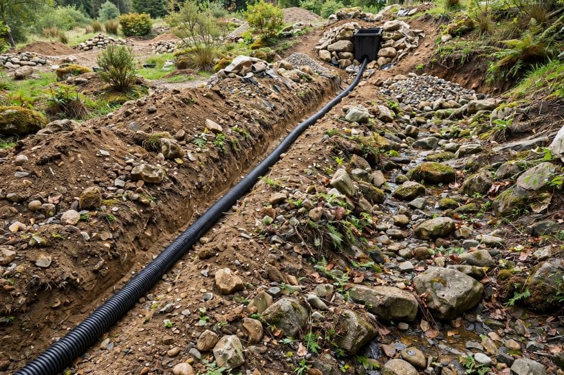 rock garden waterfall: flexible tubing buried in its trench alongside the stream bed