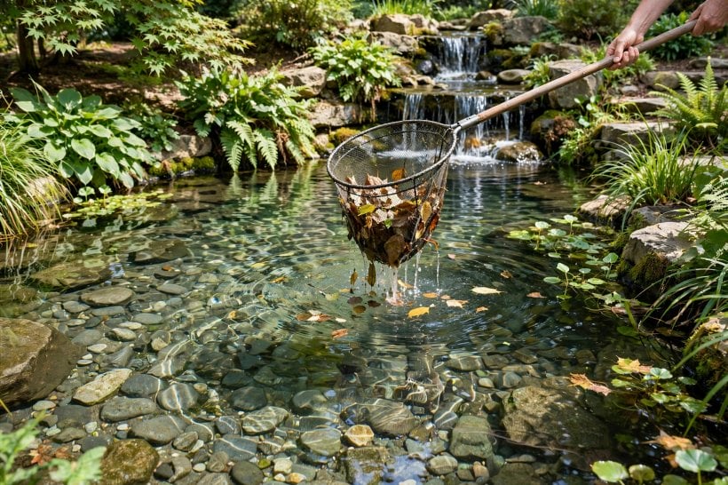 rock garden waterfall: skimming leaves from clear water under plant shade