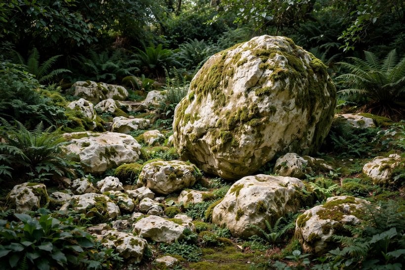 Rock Gardens for Shade: pale limestone rocks glowing softly against dark shade planting with moss on the stone