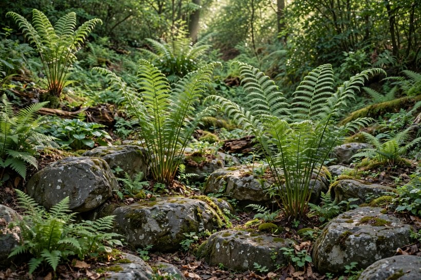 Rock Gardens for Shade: tall ostrich ferns rising from stone pockets above the woodland floor planting