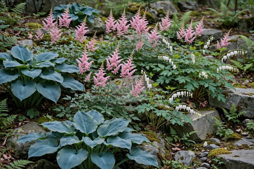 Rock Gardens for Shade: blue hostas, pink astilbe plumes and white bleeding hearts flowering among stones