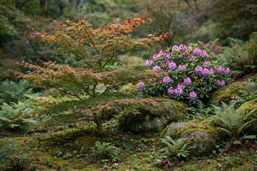 Rock Gardens for Shade: a Japanese maple and flowering rhododendron giving a shade bed its canopy and structure