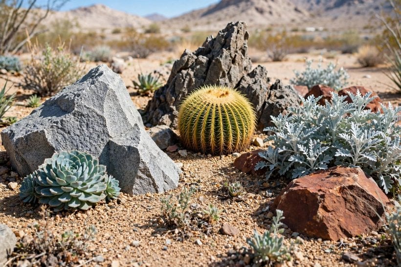 Rock and Succulent Garden: a soft echeveria rosette and round barrel cactus set against angular granite and rust-red stone