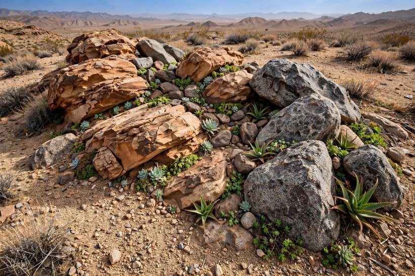 Rock and Succulent Garden: sandstone and granite boulders clustered like a natural outcrop with succulents nestled between