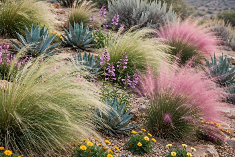 Rock and Succulent Garden: Mexican feather grass and pink muhly softening agaves beside penstemon and desert marigold