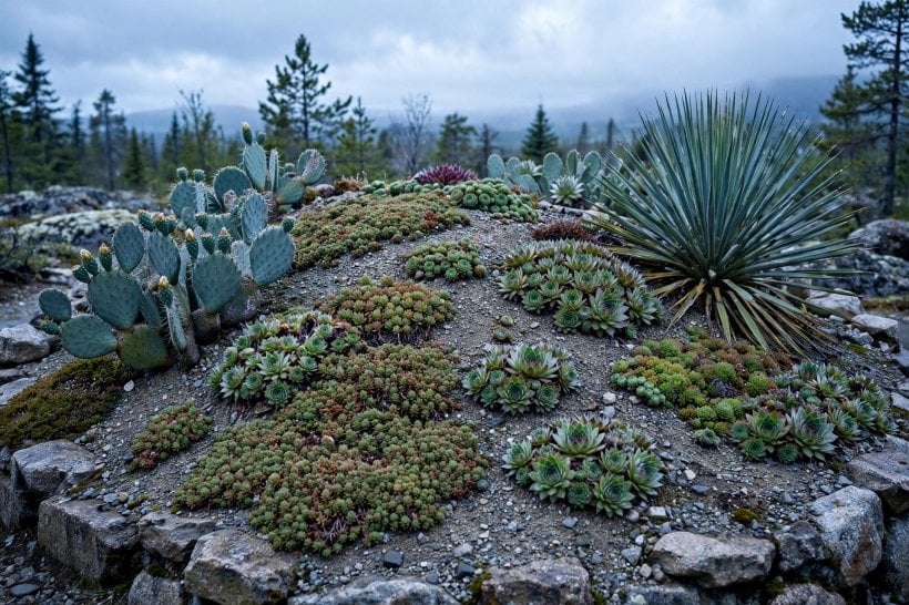 Rock and Succulent Garden: hardy prickly pear, hens-and-chicks and sedum on a raised gravel mound