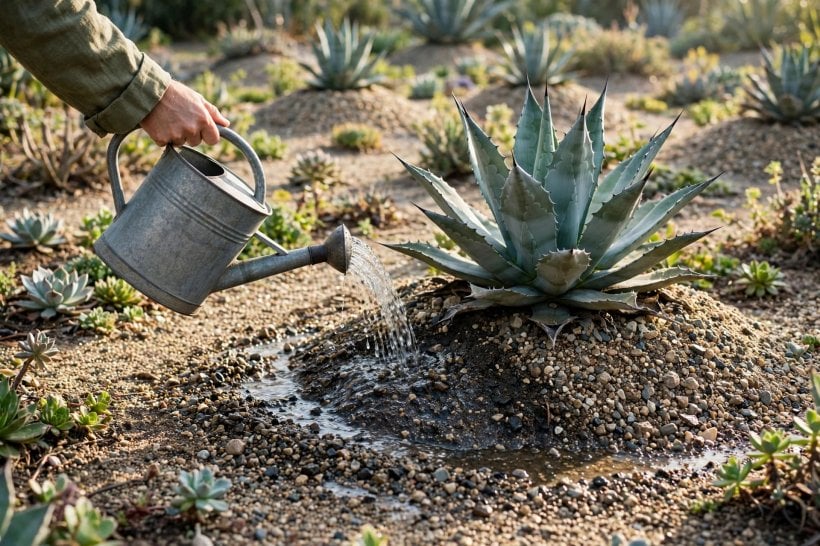 Rock and Succulent Garden: a deep soak at the base of a mounded agave, never overhead