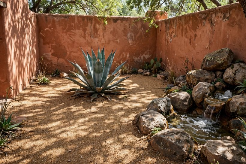 Rock and Succulent Garden: the walled courtyard composition with one hero agave and a bubbling rock