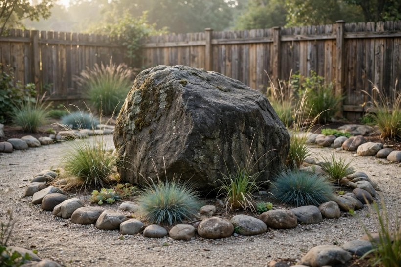 Rockscape Ideas: a single large boulder anchoring a small gravel yard