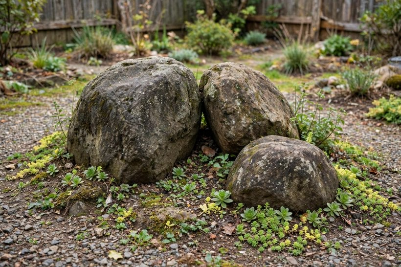 Rockscape Ideas: a cluster of three boulders set a third underground like an outcrop