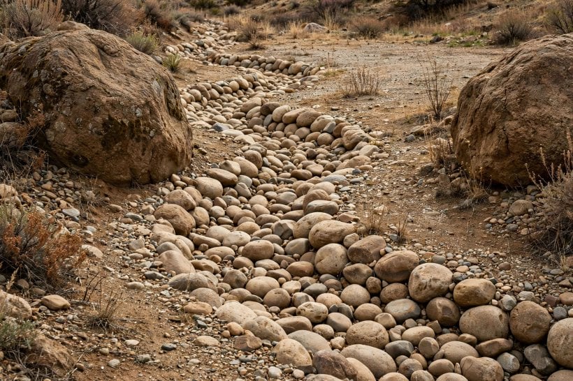 Rockscape Ideas: a dry creek bed of river rock winding between boulders