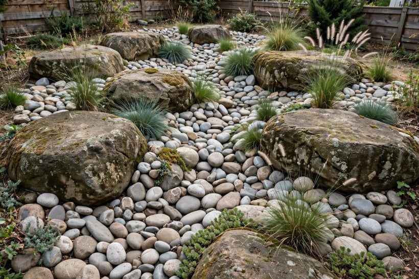 Rockscape Ideas: river rock drifts pooling between boulders with grass planting pockets