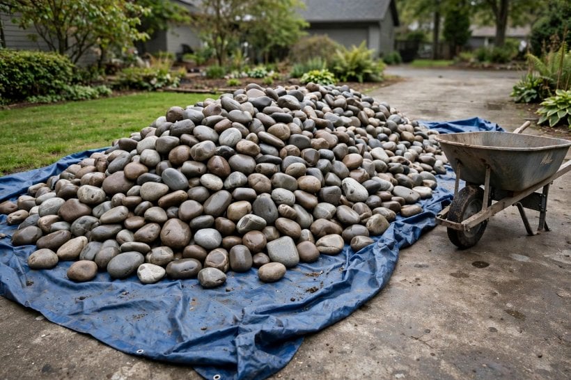 Rockscape Ideas: bulk river rock delivered on a tarp ready for placing by hand