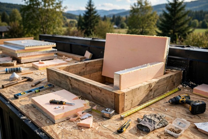 roof hatch installation: insulating a wooden curb box on a tiny house roof deck