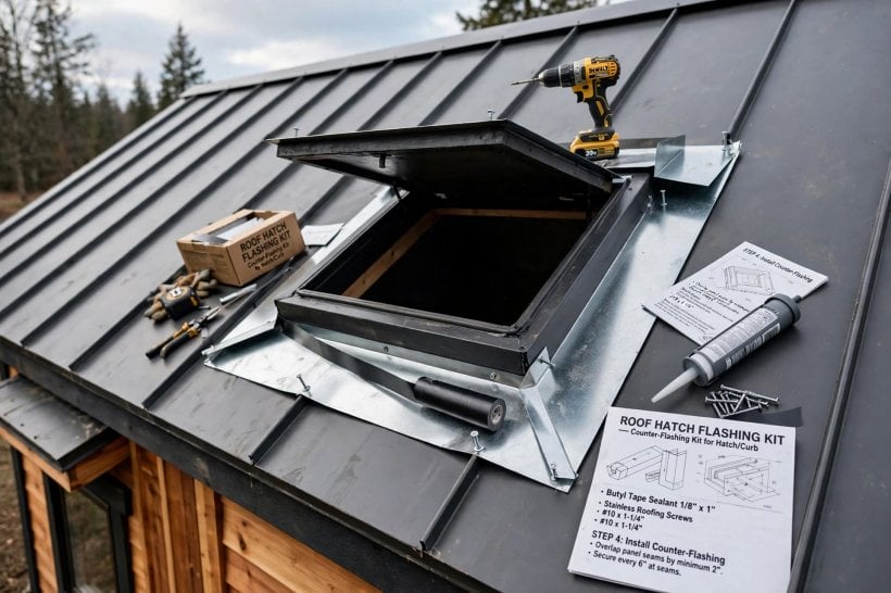roof hatch installation: curb flashing kit and counter-flashing on a standing seam metal roof