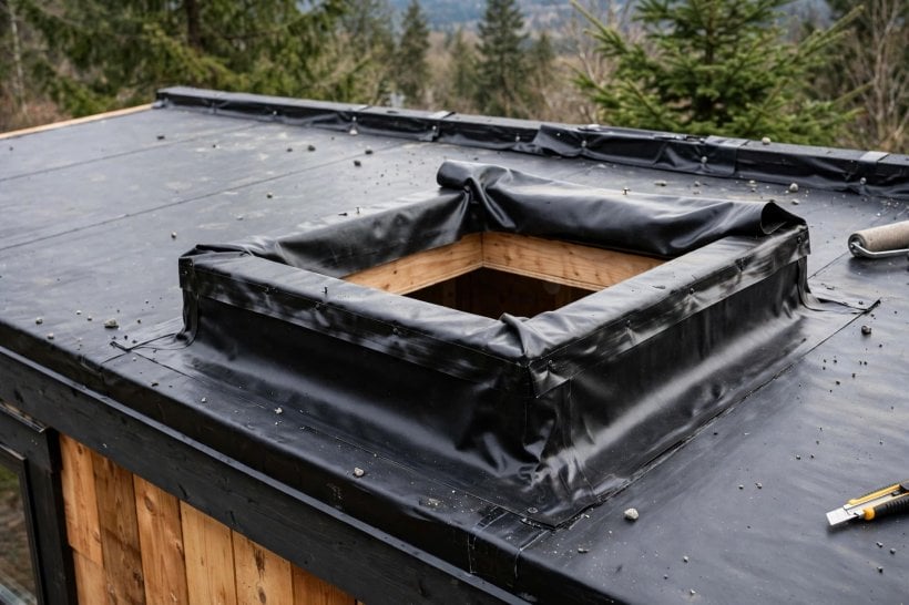 roof hatch installation: EPDM membrane wrapped up and over a hatch curb on a flat roof