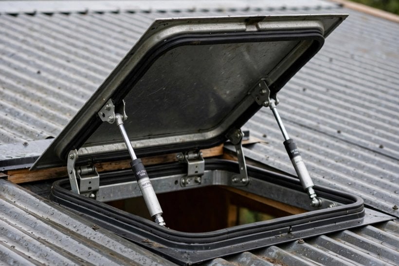 roof hatch installation: gas struts holding a hatch lid open while you climb out
