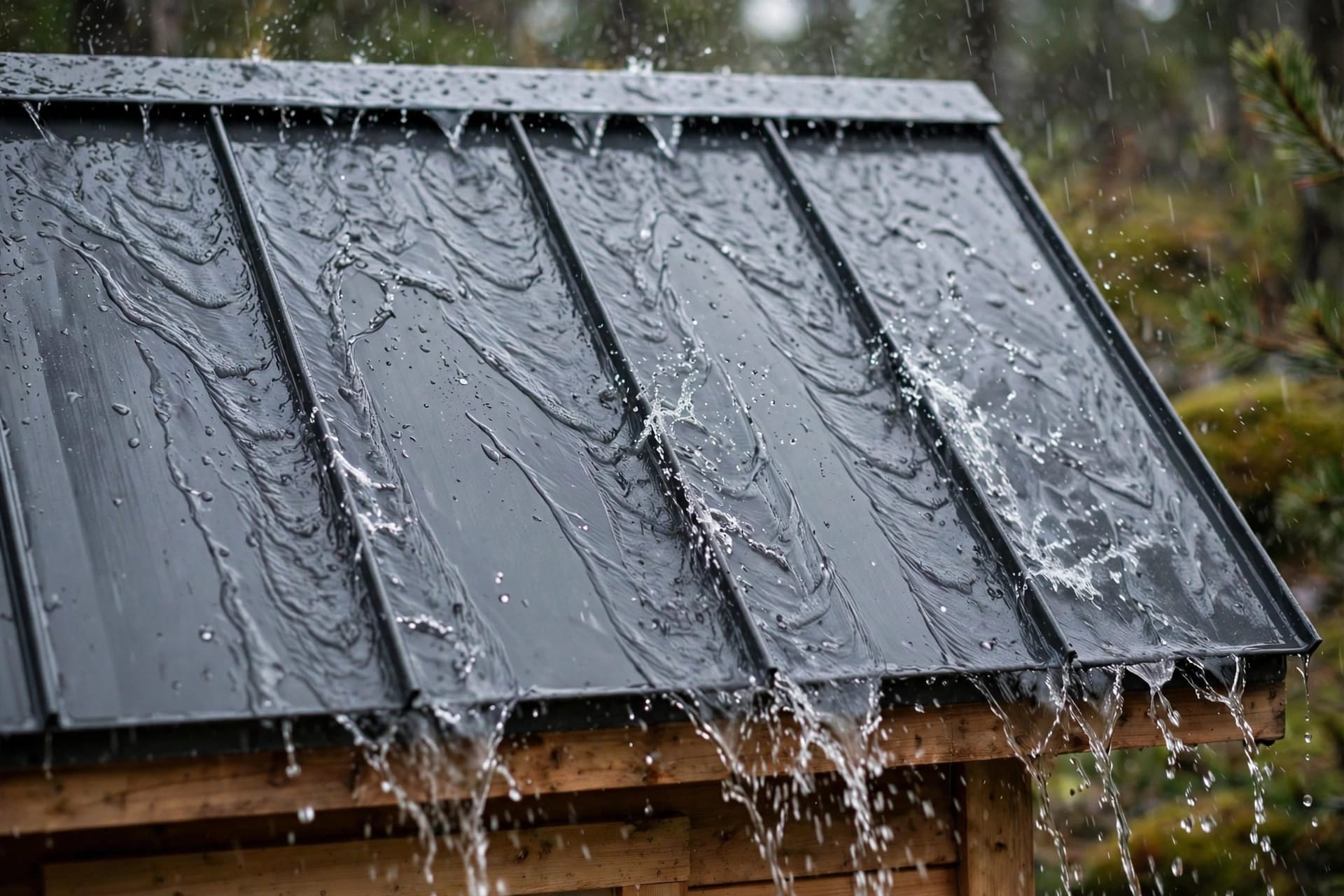 Roof Pitch for Water Collection: rain sheeting off a standing seam metal roof panel