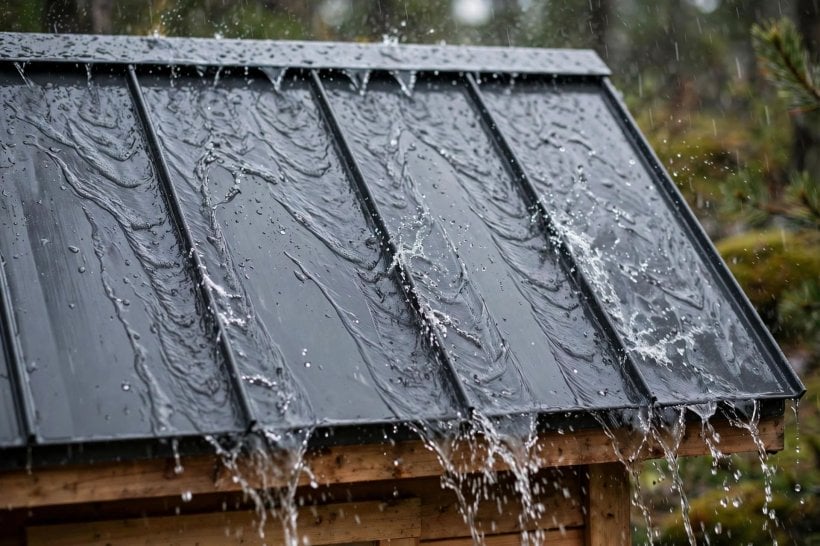Roof Pitch for Water Collection: rain sheeting off a standing seam metal roof panel