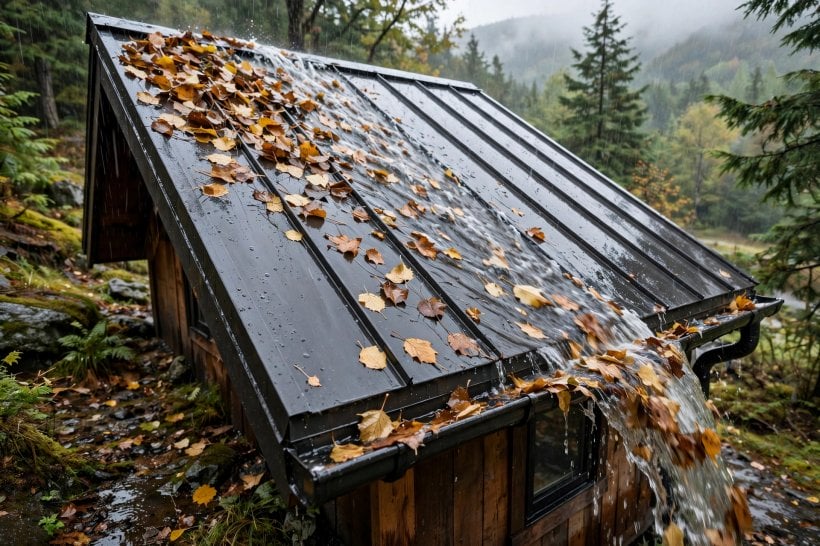 Roof Pitch for Water Collection: a steep metal slope washing leaves into the gutter