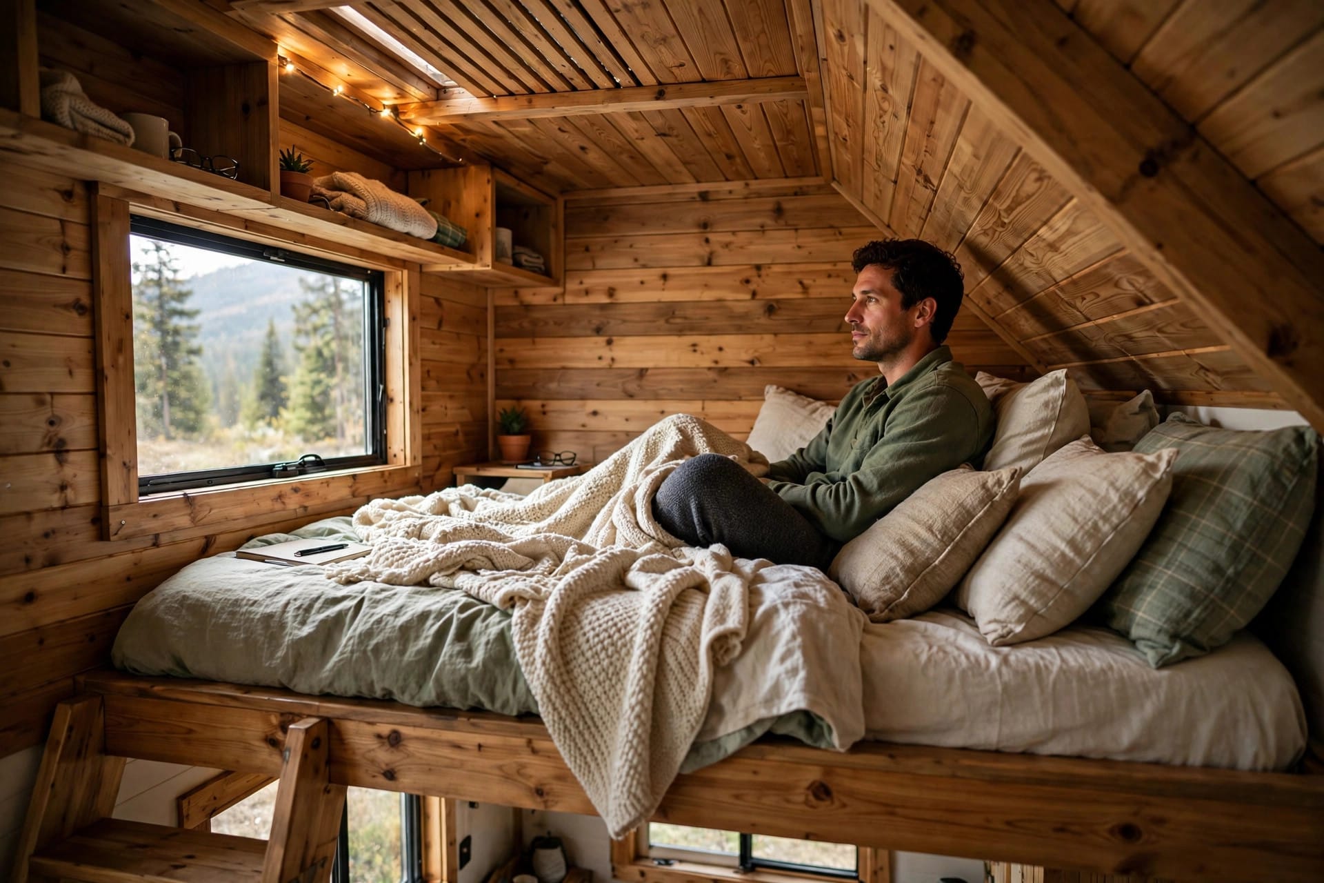 Roof Pitch for Water Collection: sitting up in a sleeping loft under a low roof